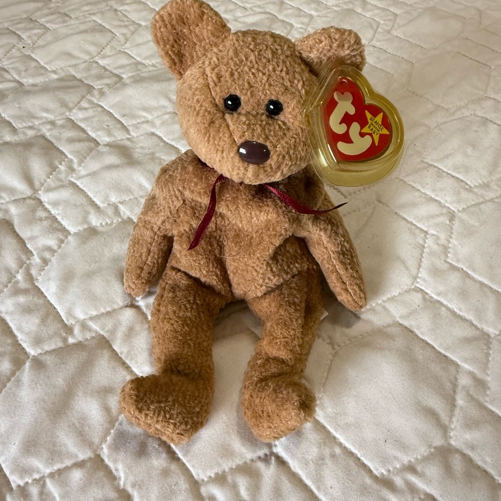 Ty Brown Plush “Curly” Beanie Bear with Red Bow
